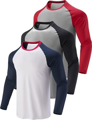 3 Pack: Men's Dry Fit Long Sleeve T Shirts, Lightweight Athletic Performance Tops with Thumb Holes Hiking, Raglan Gray/Black, Gray/Red, White/Navy, XL