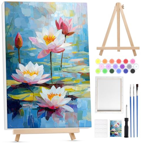 Lxmsja Flor Pintar por Numeros Adultos con Marco, Caballete de Madera, DIY Cuadros para Pintar por Números Loto, Acrílica Flor Pintura Lienzos Manualidades Decoración Hogar Pared 20x30cm