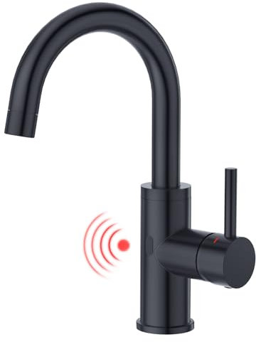CREA Robinet de lavabo à capteur infrarouge pour salle de bain - Mitigeur monocommande haute pression pour lavabo de salle de bain - Noir