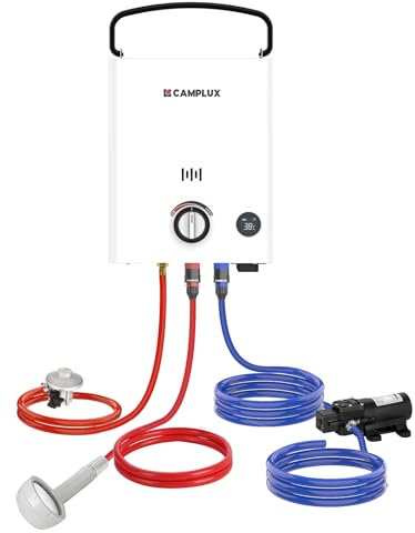 CAMPLUX First 5L Chauffe-Eau à Gaz Portable avec Pompe à Eau, Butane (28-30 mbar)/ Propane (37 mbar), pour Douche Extérieure/Camping/Caravaning, F5 Pro