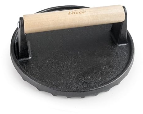 Lacor - 25862 - Prensa Hamburguesas Redonda Magma, Hierro Fundido, Mango Ergonómico de Abedul, Superficie Acanalada, Ø17.5 cm