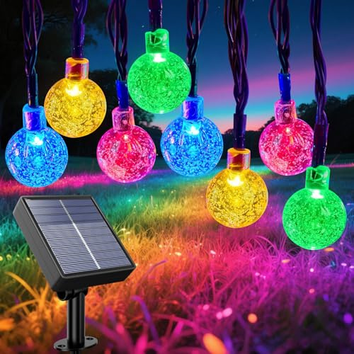 Färgglad ljuskedja sol 10 m, IP65, vattentät kristallkulor, glödlampor, ljuskedja med 8 lägen, RGB-rep, solcellsljuskedja för trädgård, balkong, terrasser, jul, bröllop, fester, träddekoration