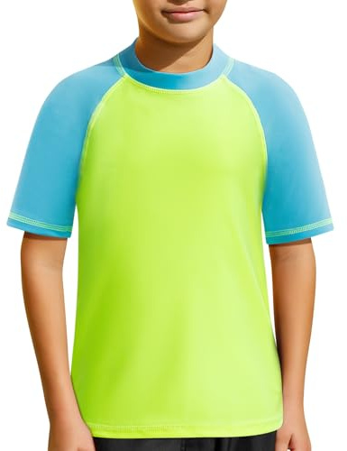 MASOCIO UV Shirt Kinder Kurzarm Badeshirt Jungen Schwimm T Tshirt Schwimmshirt Kind Wasser Surfshirt Schwimmoberteil Rashguard Rash Guard Bade Kleidung Junge 5 Jahre Gr 110-116 Grün Blau