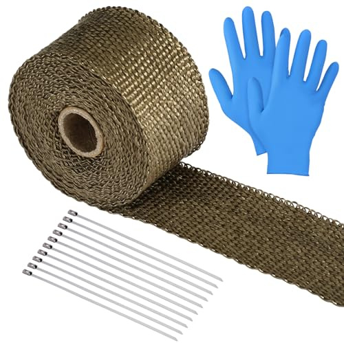 LIHAO Hitzeschutzband für Auspuff 5M mit Kabelbinder für Fächerkrümmer Thermoband mit 10 Edelstahl Krümmerband Handschuhe für Abgasschlauch Auspuff