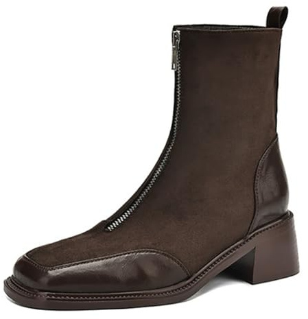Eestfy Botines De Mujer Elegantes con Cremallera Delantera Punta Cuadrada Tacón Medio Bloque Botines Cortos De Moda para Otoño & Invierno Streetwear & Salida Casual,Marrón,42 EU