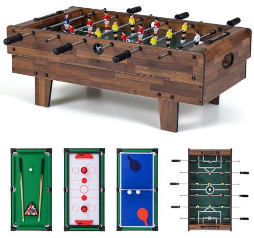 GOPLUS 4 en 1 Table Multijeux Pliante, Table Babyfoot Air Hockey Ping-Pong Billard, Jeu Multiple en PP+MDF avec 81,5x43x29,5CM (Marron)