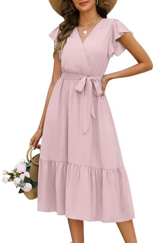 Fashora Abito Estivo Donna Vestito Lungo Leggero Vestiti Manica Corta Vestito Scollo a V con Manica a Volant Spiaggia Eleganti Tinta Unita Abito Vita Alta Linea A (Rosa, XL)