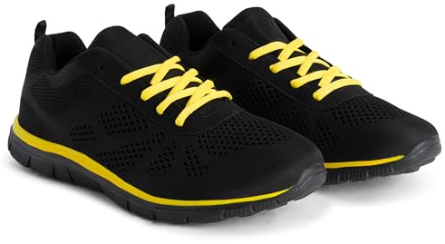 Get Fit Men’s Lightweight Cushioned Trainers - Breathable Mesh Gym Running Shoes - Comfortable Lace-Up Athletic Sneakers, Shock-Absorbing Non-Slip Sole - Black/Yellow - 12