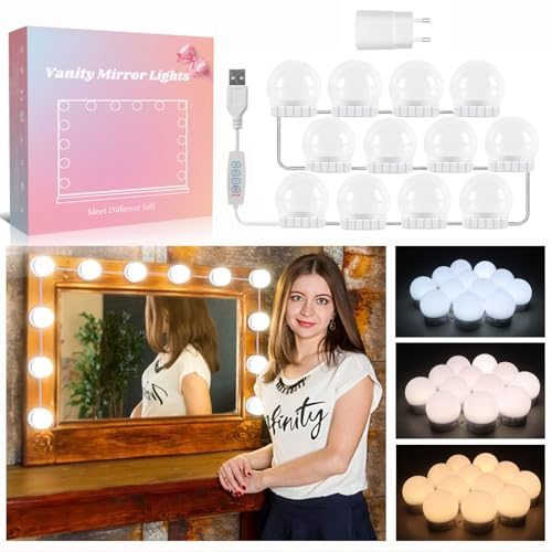Hollywood Dimmable Makeup Mirror with Switch, IP43, USB Port, 3 Colors & Brightness, Adjustable for Bedroom/Bathroom, 10x Adhesive Lights
