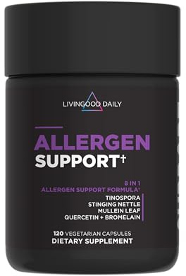 Livingood Daily Allergen Support, Natural Allergy Supplement with Vitamin C, Quercetin, Nettle Leaf, Zinc, Bromelain & Tinospora, Non GMO, Vegan, Immune Support Formula, 120 Vegetarian Capsules