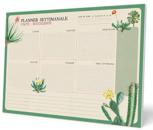 Grupo Erik Planner Settimanale da Tavolo A4 in Italiano Botanical Cacti - Planning Settimanale Orizzontale con 54 Fogli a Strappo, Spazi per Ogni Giorno e Note | Weekly Planner, To Do List Planner