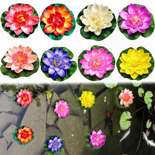 Flores de Loto Flotantes, 8 Flores Flotantes, Flotantes Artificiales Flores, Lirio Agua Artificial Flotante Estanque, Nenúfar Flotante, Estanque de Flores de Loto de Eva para Uso en Piscinas