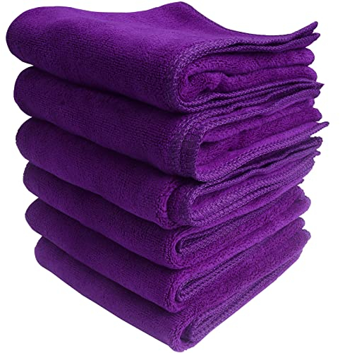 Roellgs 6-pack extra fine thick fibre cleaning cloths, towels, car wipers, dishwashing cloths, multi-purpose dusting cloths, highly absorbent, scratch-free, reusable cleaning cloths (Purple)