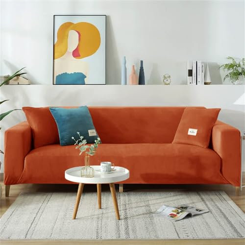 DOTBUY-SHOP Stretch Sofa Slipcover 4/3/2/1 Seater Velvet Non Slip Soft Furniture Couch Sofa Cover Washable Protector Sofa Cover for Armchair Loveseat (3 seater,dark orange)