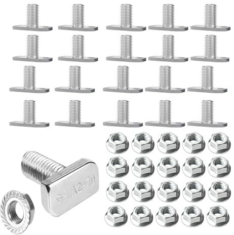 20 tornillos de cabeza de martillo M8 x 20, juego de tornillos de cabeza de martillo, tuercas de brida, tornillos de cabeza de martillo para tornillos de raíl de anclaje, invernadero de acero