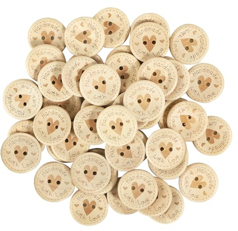 50 Stück 20mm Handmade Knöpfe Holz „Handmade with love“ Holzknopf Runde Form Holzknöpfe zum Nähen und Basteln von Dekorationen