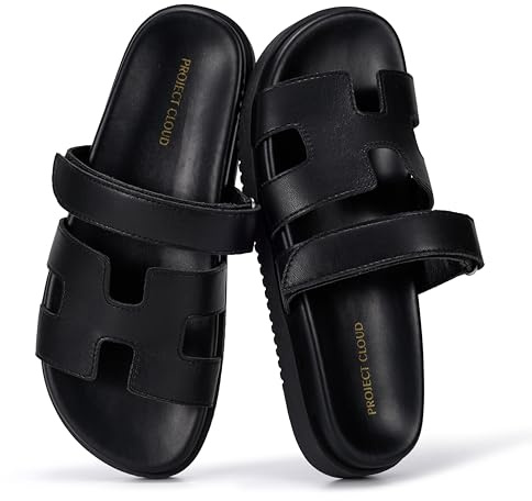 Project Cloud 100% Genuine Leather Sandals for Women Footwear - Stylish Womens Sandals with Plush & Soft Insole - Non-Slip and Water-Resistant Beach Sandals Slides for Women (Mayvy, Blk, 8.5)