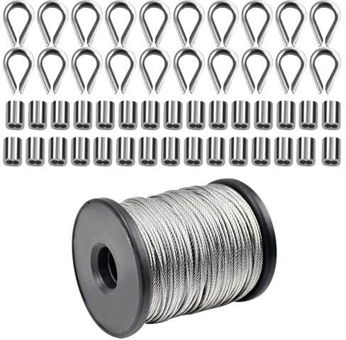 Cozlly Kit de Cuerda Cable de Acero Inoxidable 50m x 1,5mm, con 30pcs Lazos de Engarzado de Aluminio y 20pcs Dedales de Cuerda de Alambre M2, Tensores para Toldos, Cuerda Tendedero Exterior Acero