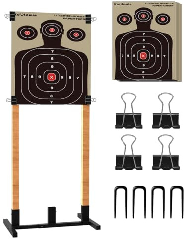 Koutemie Outdoor Shooting Target Stand with 10pcs 17x25 Inch Paper Targets, Heavy Duty Range Target Holder with Adjustable Base for Cardboard Silhouette, H Shape, Black