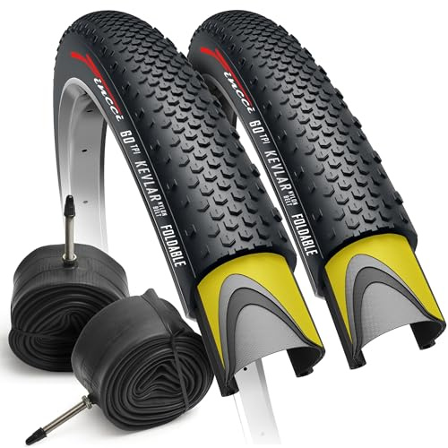 Fincci Gravel Pneus 700 x 38c avec Protection Anti Crevaison 1mm - Paire Pliable Tire 28 x 1.5 Pouces avec 2x Chambre a Air Presta 40-622, 60 TPI pour Tournée & Électrique & Route & Hybrid & VTT Velos