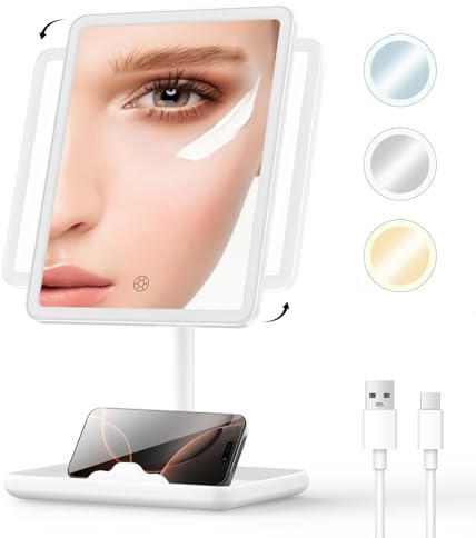 Airand LED Schminkspiegel mit Beleuchtung, 3 Farbmodi, Dimmbar, USB Wiederaufladbar, 360° Drehbar, Touch Control, Kosmetikspiegel für Make-up, Rasieren,Smart Makeup Spiegel mit Beleuchtung