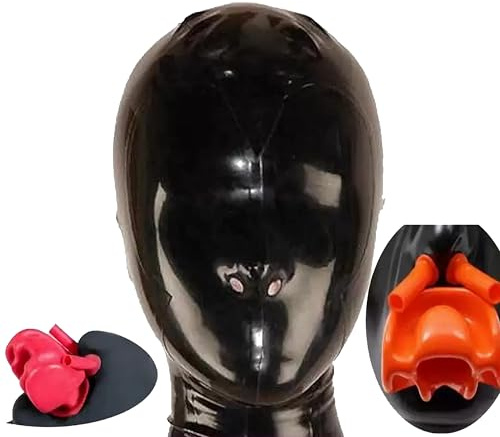 SALANSEX Latex Hood Full Face Mask with Zipper, Silicone Mouth Insert & Nasal Tube for Party, Cosplay, Holiday(L)
