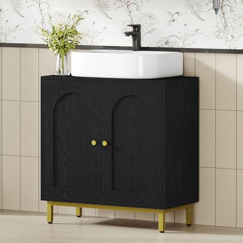 Hzuaneri Meuble sous lavabo, Meuble de Rangement pour Salle de Bain, Meuble pour Évier avec et 2 Portes, Étagère Réglable, Autoportant, pour Salle de Bain, Cuisine, Noir BC19104G