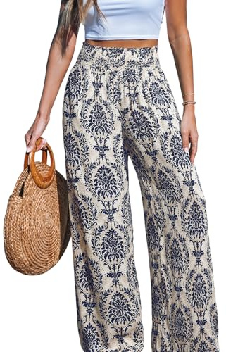 CUPSHE Womens Trousers Wide Leg Elastic High Waisted Beach Trousers Cotton Linen Summer Palazzo Pants Blue M