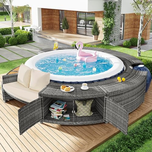 Set lounge da giardino con divano rotondo, set di mobili da giardino, lounge per vasca idromassaggio e piscina, con piedini regolabili, cuscino incluso, mobili per terrazza, giardino o piscina