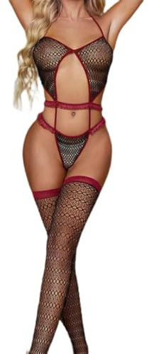 VicSec Womens Lingerie Fishnet Bodysuit Mesh Bodystocking Naughty Lace Garter Babydoll Plus Size Sexy Tights Outfits (Style 4-Black, One Size)