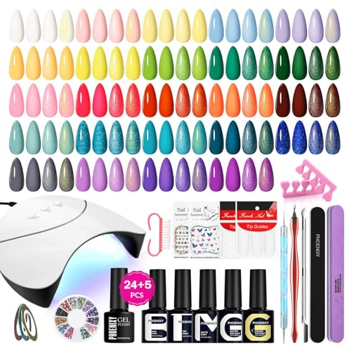 PHOENIXY Kit de esmalte de uñas con lámpara UV 24 colores de esmalte kit capa de mate, brillante, glitter y dorado glitter, Morado Verde Rojo Kit Ideal para salones de uñas y regalo casero DIY