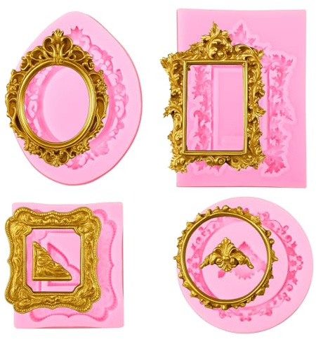 4PCS Frame Fondant Silicone Molds, Baroque Vintage Frame Fondant Molds for Chocolate Candy Polymer Clay Cupcake Topper Air Dry Clay Crafts