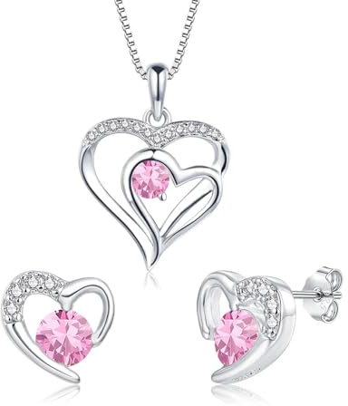 Bewenda Schmuckset Silber 925 Damen, Herz Schmucksets für Damen Mädchen - 2 PCS Sterling Silber Halskette & Ohrstecker mit Cubic Zirkonia, Ketten Herz Anhänger & Ohrringe Silberschmuck mit Geschenkbox