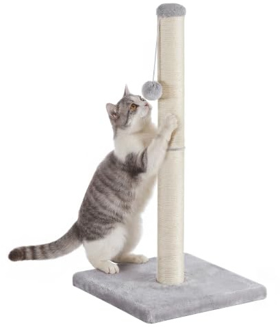 Feandrea Cat Scratching Post, 84 cm Tall Natural Sisal Scratcher with Heavy Base and Dangling Toy, Furniture Protection, 42 x 22 x 15 cm, Light Grey, for Adult Cats, Clawfy Collection PCA043G101