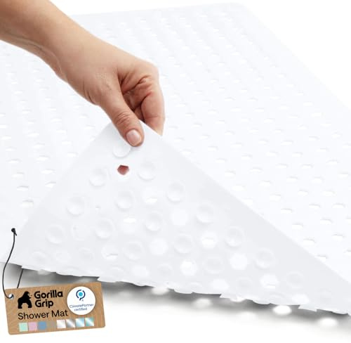 GORILLA GRIP Patented Bath Tub Shower Mat, Machine Washable Bathtub Floor Liner Mats, Suction Cups and Drain Holes to Keep Tubs Clean, Soft on Feet, Bathroom Essentials, 35x16 Inch, White