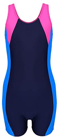 Aquarti Bañador Niña – Bañador Natación Niña con Pantalón Corto y Espalda Nadadora, Azul Oscuro/Azul/Rosa, 146