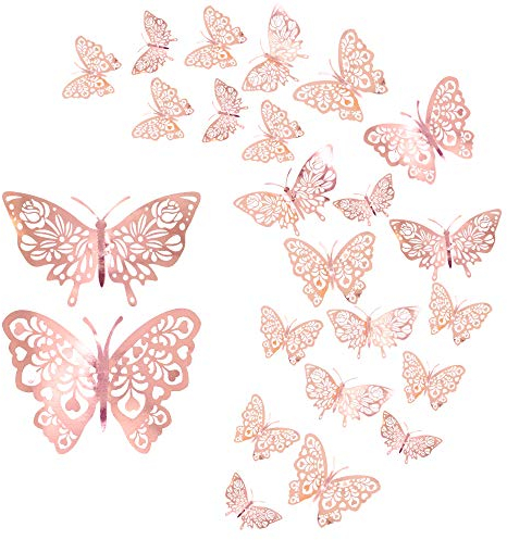 24 pezzi adesivi murali farfalla, CattleyaHQ adesivi murali farfalle 3D misti, per casa, camera da letto, decorazione cameretta (oro rosa)