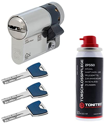 ToniTec Set aus ABUS Schließzylinder EC880 inkl. 3 Schlüssel modular verschiedenschließend Halbzylinder 10/40|Türzylinder Sicherheitsschloss mit Sicherungskarte und ToniTec Pflegespray