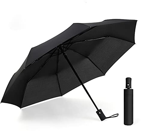 Entongstar Black Travel Folding Umbrella - Strong 8 Ribs Reinforced Windproof Rain Protection, Compact Portable Auto Open/Close, Lightweight and Durable