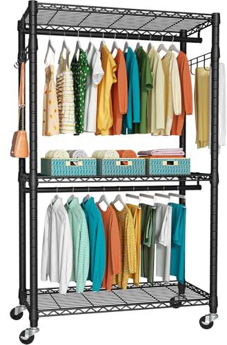 FUTASSI P1 Heavy Duty Garment Rack, 3 Tiers Adjustable Rolling Metal Closet Organizer with Lockable Wheels, FreeStanding Wardrobe with Double Hanger Rods & 1 Pair Hooks, Max Load 450 LBS, Black