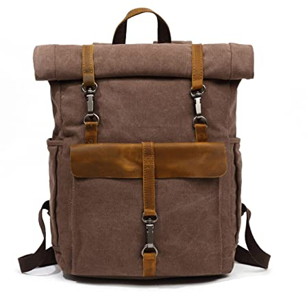 FANDARE Rolltop Rucksack Leinwand Schulrucksack Laptop Handgepäck Rucksack Herren Damen mit 15.6 Zoll Laptopfach Rucksäcke zum Business Arbeit Reise Schulranzen Daypacks Braun