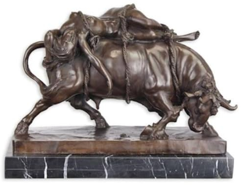 Casa Padrino Scultura in Bronzo di Lusso Toro e Donna Bronzo/Nero A. 31 cm - Figura Decorativa in Bronzo con Base in Marmo - Figura Animale in Bronzo - Accessori Decorativi di Lusso
