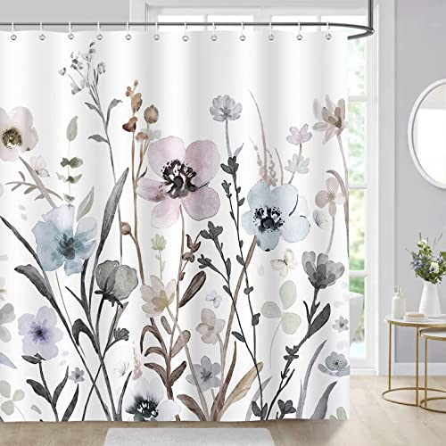 Bonhause Duschvorhang Aquarell Blumen Grau Rosa Duschvorhänge 180 x 180 cm Anti-Schimmel Wasserdicht Polyester Stoff Waschbar Bad Vorhäng für Badzimmer mit 12 Haken