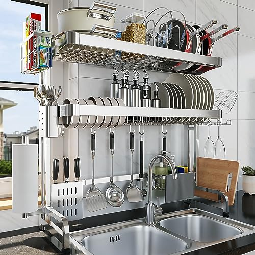 LIVOD Over The Sink Dish Drying Rack,3 Tier Adjustable Length Full Stainless Steel Large Storage Kitchen Dish Rack,for Kitchen Counter Expandable Multifunctional Organizers,Silver (25.98-37.6)