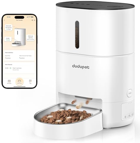 DUDUPET Automatic Cat Feeder, 4L Cat Food Dispenser Dog Feeder Automatic, 2.4G WIFI Remote Control Dual Power Supply, 10-Second Voice Recording, Stainless Steel Bowl, Suitable for Small Dogs and Cats