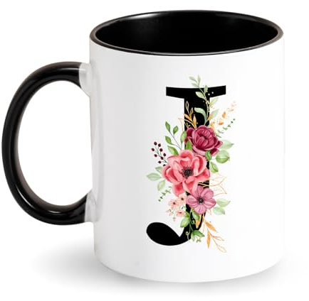 Tarklanda personalisierte Tasse Buchstaben Kaffeetasse – erste Monogramm Keramik Tasse – schwarze Kaffeetasse mit Blumen Initial – Tasse Geschenke für Mädchen Frauen Geburtstag Weihnachten (J)