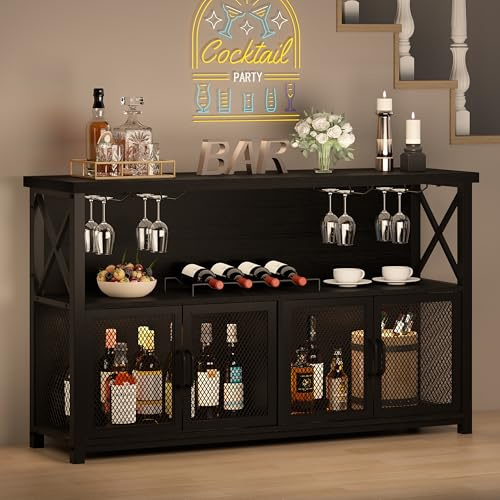 LVB Armoire de bar à café noire moderne pour liqueur et verres, buffet de cuisine avec casier à vin, armoire à vin de ferme pour la maison, le salon, la salle à manger, chêne noir, 119,4 cm