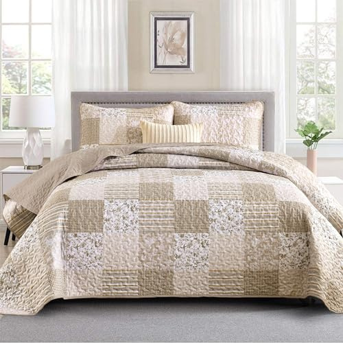 Mybedsoul Beigefarbenes Boho-Bettwäsche-Set für King-Size-Bett, 3-teilig, kariert, florales Tagesdecken-Set, Patchwork, wendbares Bettwäsche-Set, Mikrofaser, Tagesdecke, Decken-Set für alle