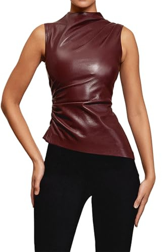 Gilet da donna in pelle laccata, con allacciatura al collo, maglietta sexy da donna, in pelle, con colletto alto, senza maniche, per feste e clubwear