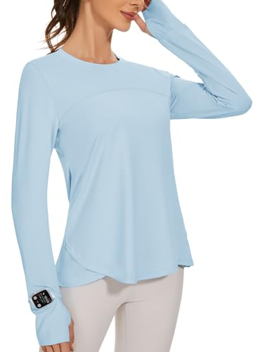 IECCP Women's Long Sleeve Workout Shirts Loose Active Tops Running Gym Exercise T-Shirts with Thumb Hole Light Blue M
